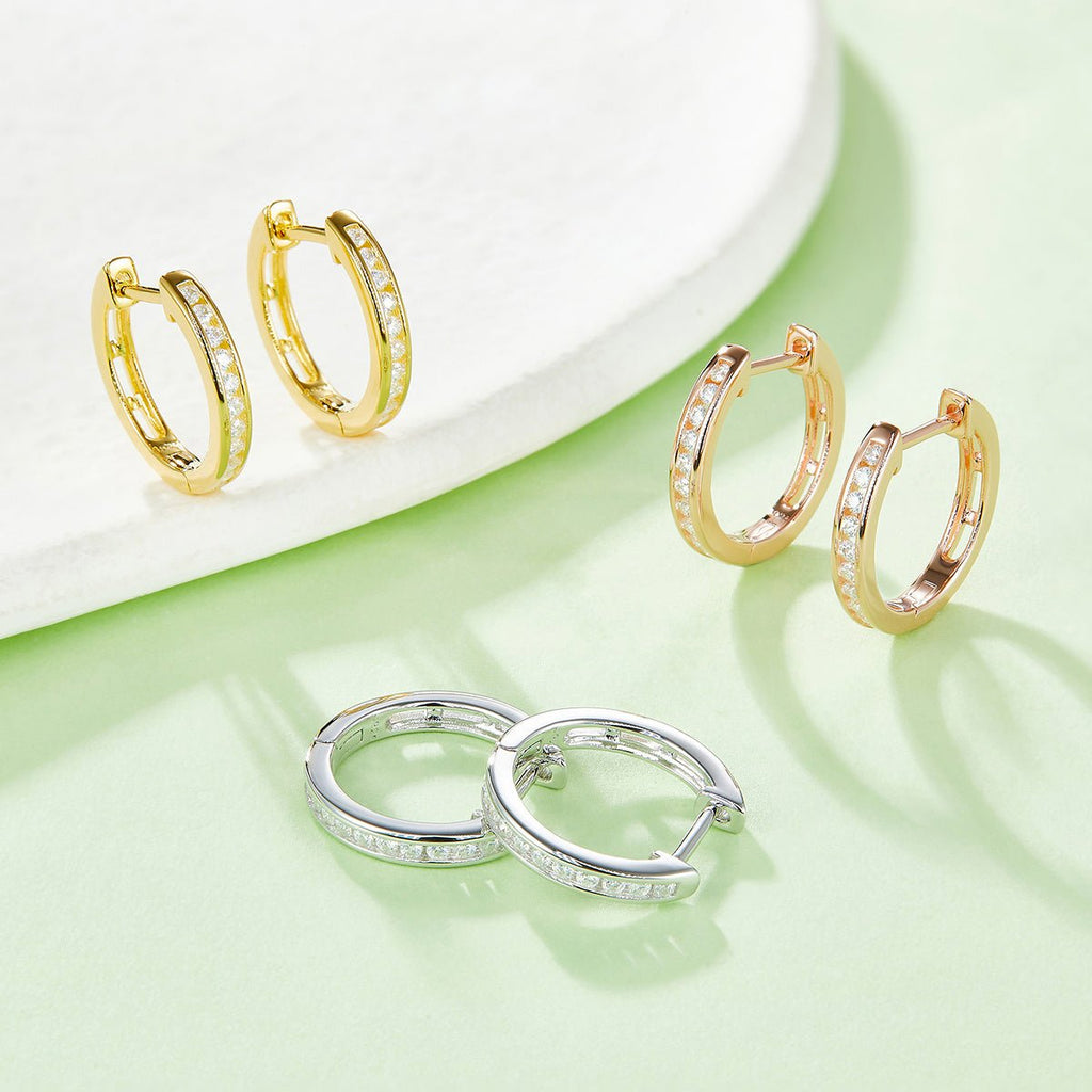 Boucles d’Oreilles Créoles Moissanite 22 Pierres Argent Sterling S925 1,9g 15mm Plaqué Platine avec Certificat GRA, Coffret Cadeau Pour Femme - IVOIRART.COM