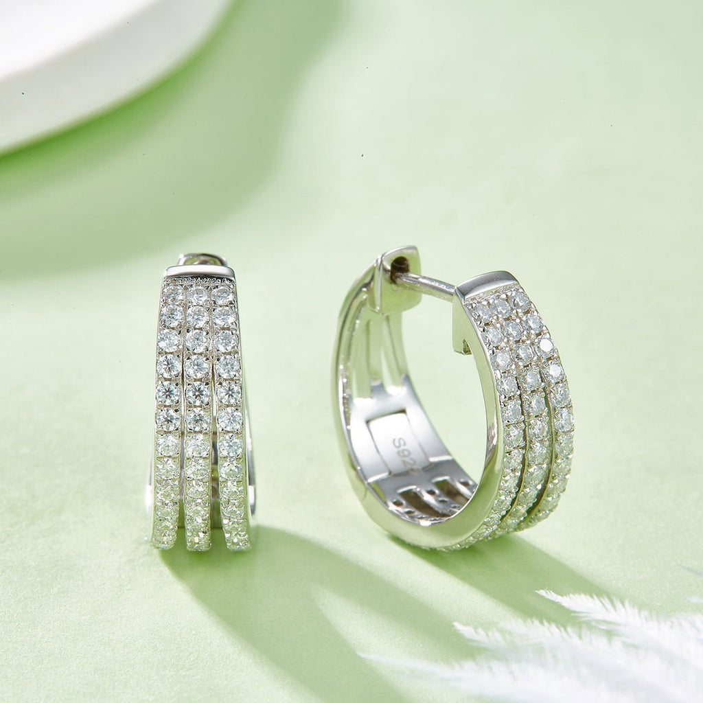 Boucles d’oreilles créoles Moissanite triples rangées en argent sterling S925 4,8g 17mm plaqué platine avec certificat GRA coffret luxe - IVOIRART.COM