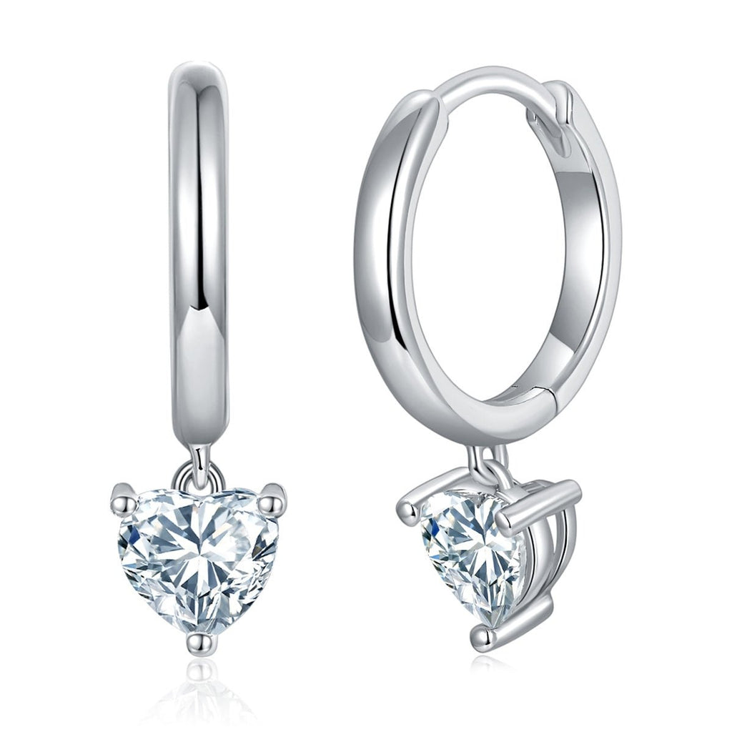 Boucles d’oreilles créoles pendantes en argent 925 cœur 5x5mm moissanite plaqué platine - IVOIRART.COM