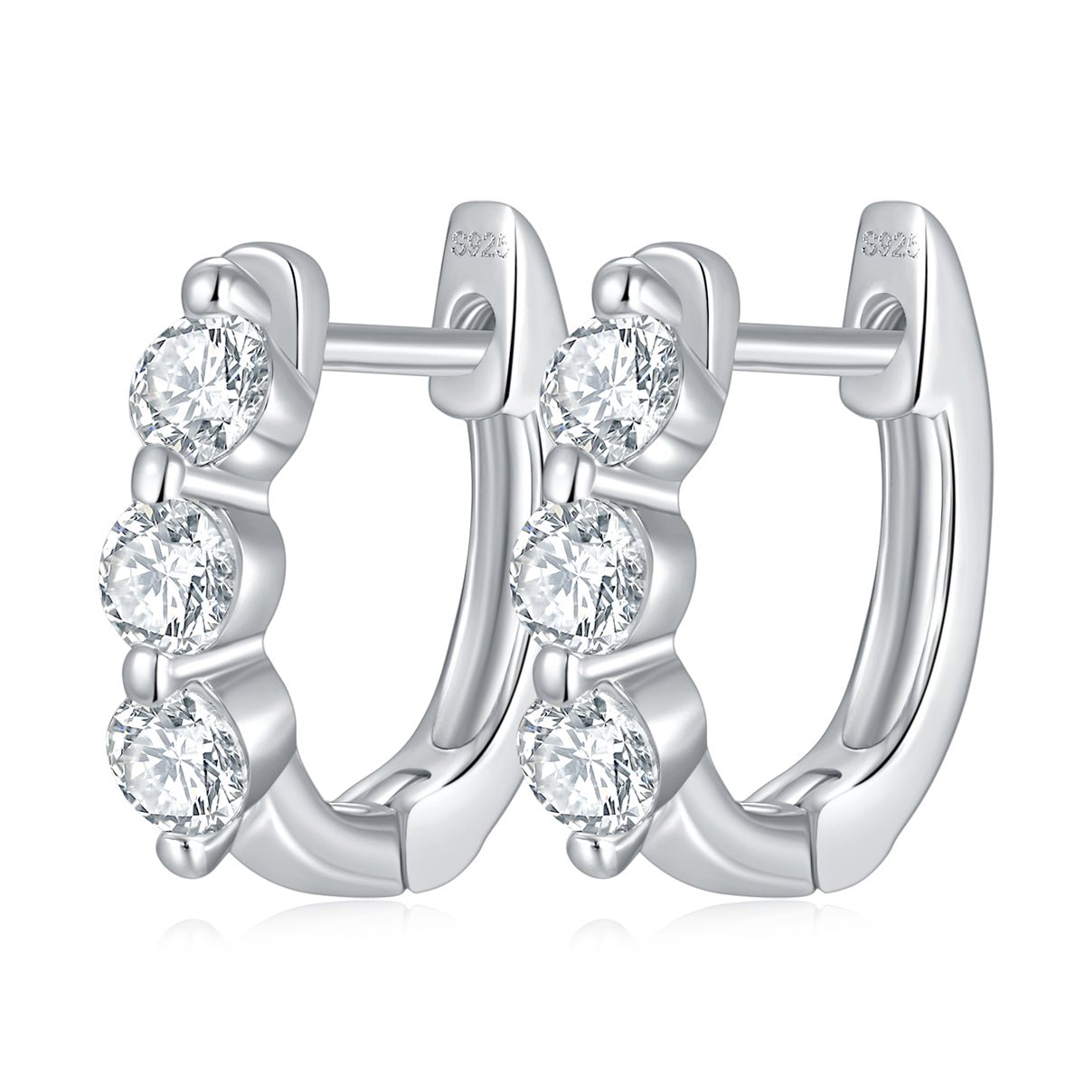 Boucles d'oreilles créoles S925 en argent sterling à 3 pierres Moissanite rondes plaquées platine - IVOIRART.COM