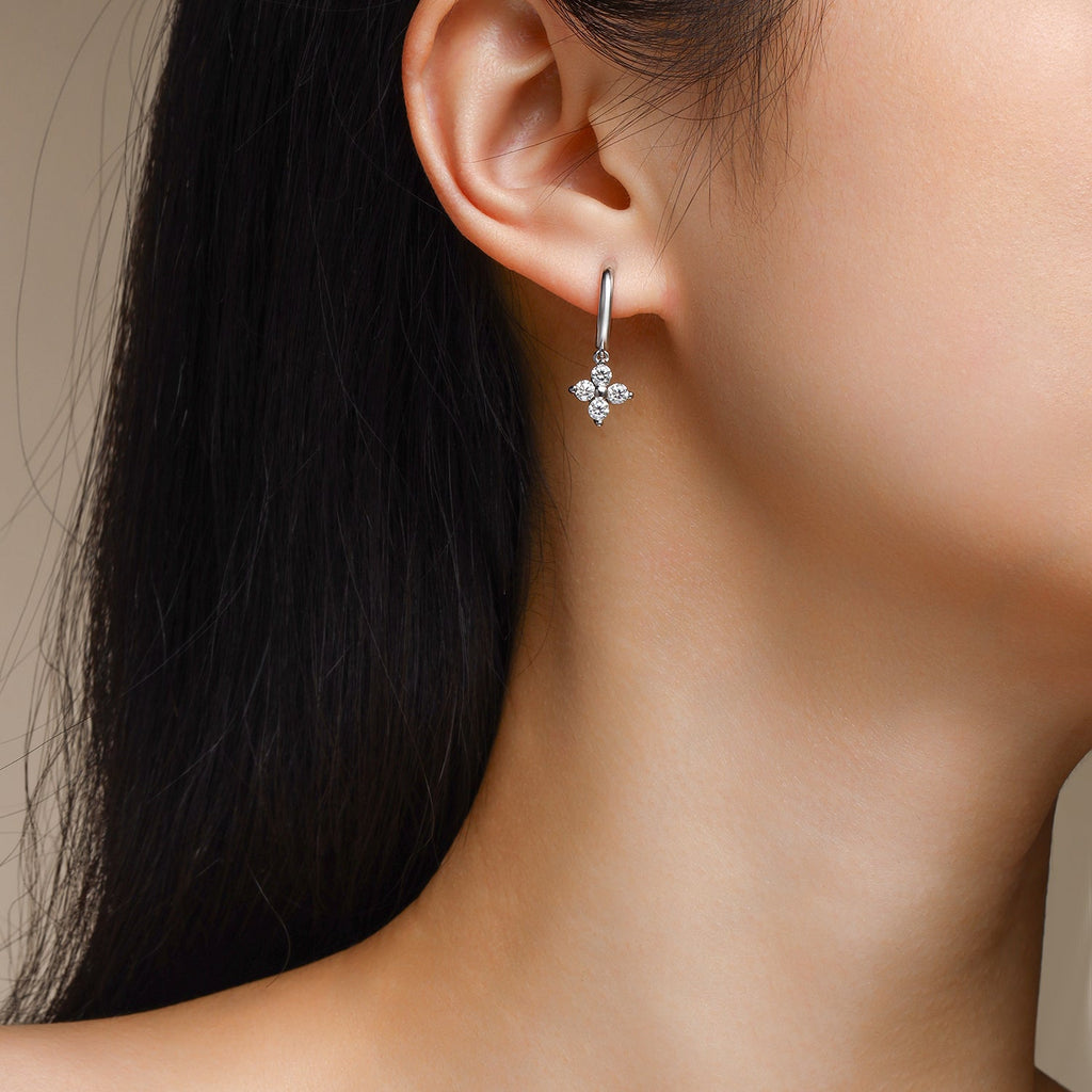 Boucles d'oreilles créoles Trèfle en argent sterling S925 0,1 ct Moissanite D VVS1, plaqué platine, 3,8 g, certifiées GRA, coffret cadeau - IVOIRART.COM