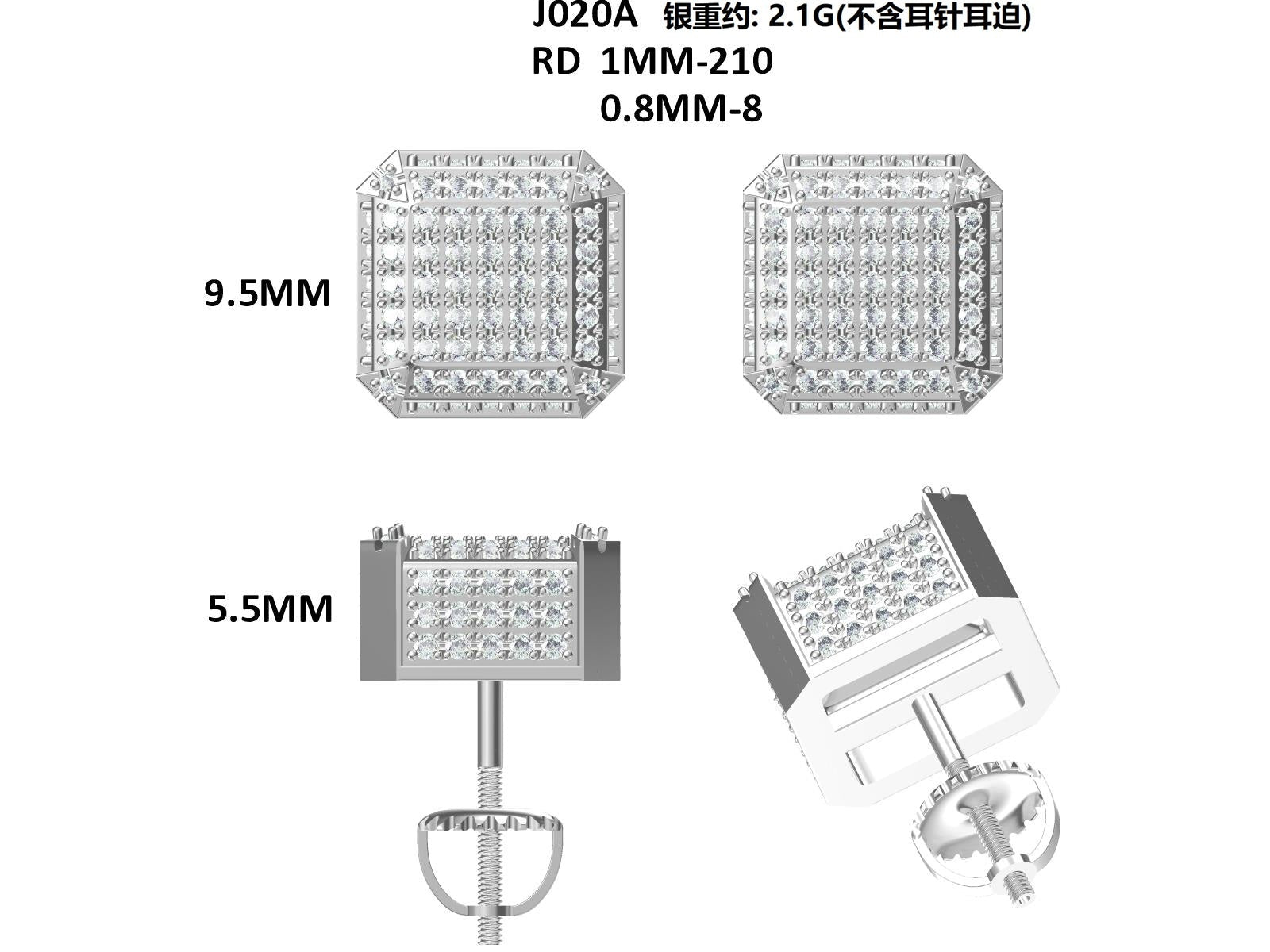 Boucles d'oreilles cube 3D en argent sterling S925, 218 moissanites D VVS1, 2g, fermoir vis, hypoallergéniques, coffret cadeau certifié GRA - IVOIRART.COM
