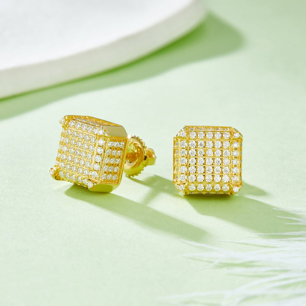 Boucles d'oreilles cube 3D en argent sterling S925, 218 moissanites D VVS1, 2g, fermoir vis, hypoallergéniques, coffret cadeau certifié GRA - IVOIRART.COM