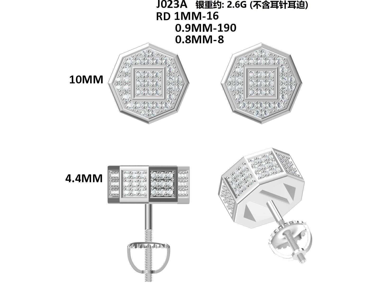 Boucles d'oreilles en argent sterling S925, 214 pierres Moissanite D VVS1 octogonales 3D, 10 mm, fermoir à vis hypoallergénique, certifiées GRA, coffret cadeau - IVOIRART.COM