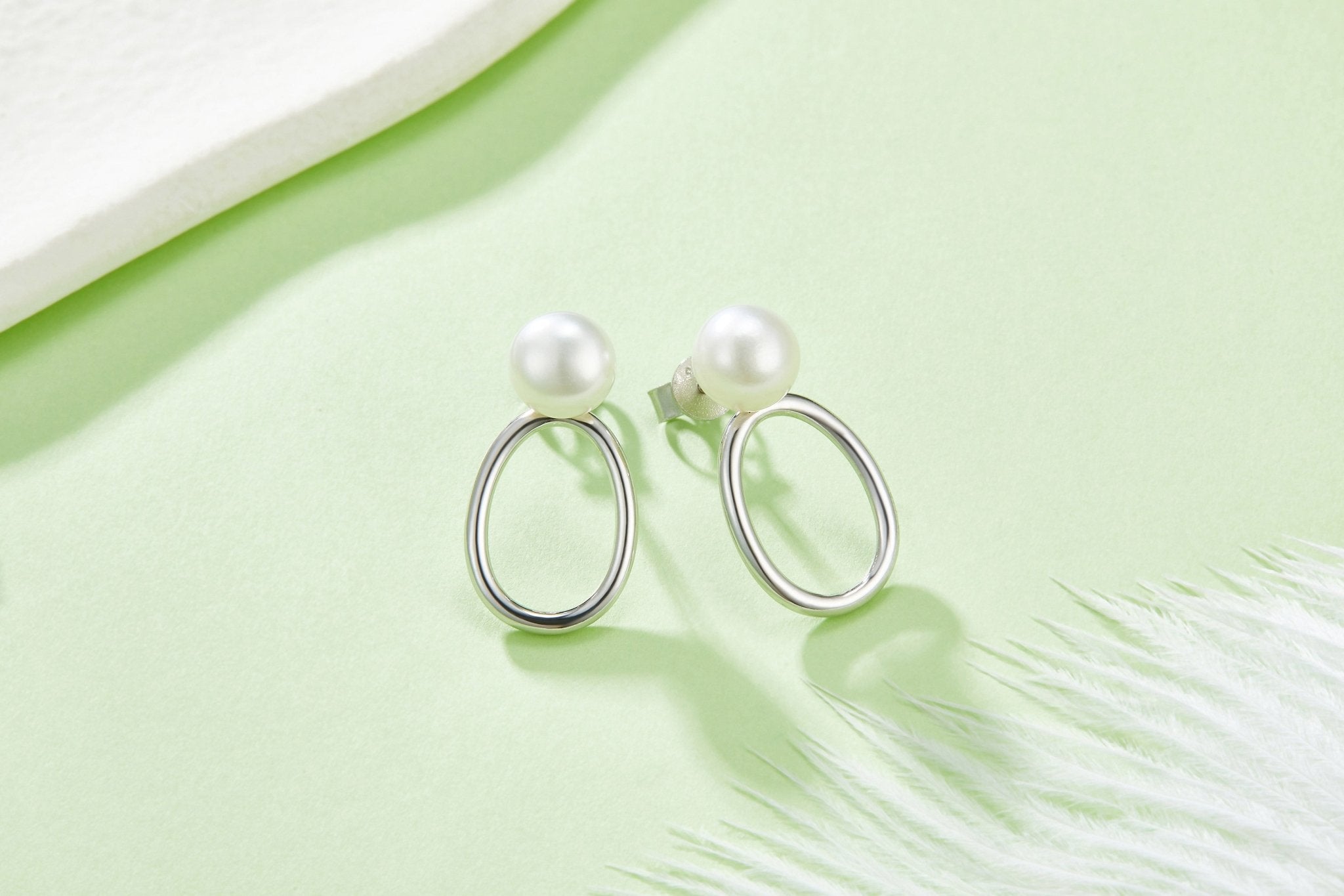 Boucles d'oreilles en argent sterling S925 avec perle d'eau douce naturelle, design minimaliste ovale creux, plaqué platine, 1,6 g, boîte cadeau - IVOIRART.COM
