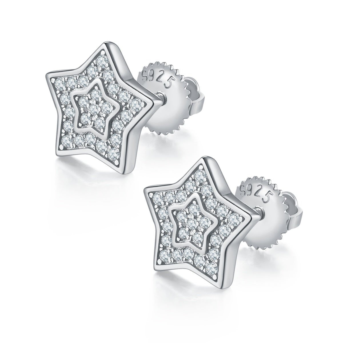 Boucles d'oreilles étoiles en moissanite D Couleur VVS1, argent sterling S925, 52 pcs, 11mm, double pavé à vis, hypoallergénique, 1,7g, certifiées GRA, boîte cadeau - IVOIRART.COM