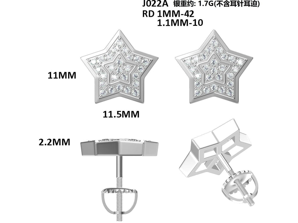 Boucles d'oreilles étoiles en moissanite D Couleur VVS1, argent sterling S925, 52 pcs, 11mm, double pavé à vis, hypoallergénique, 1,7g, certifiées GRA, boîte cadeau - IVOIRART.COM