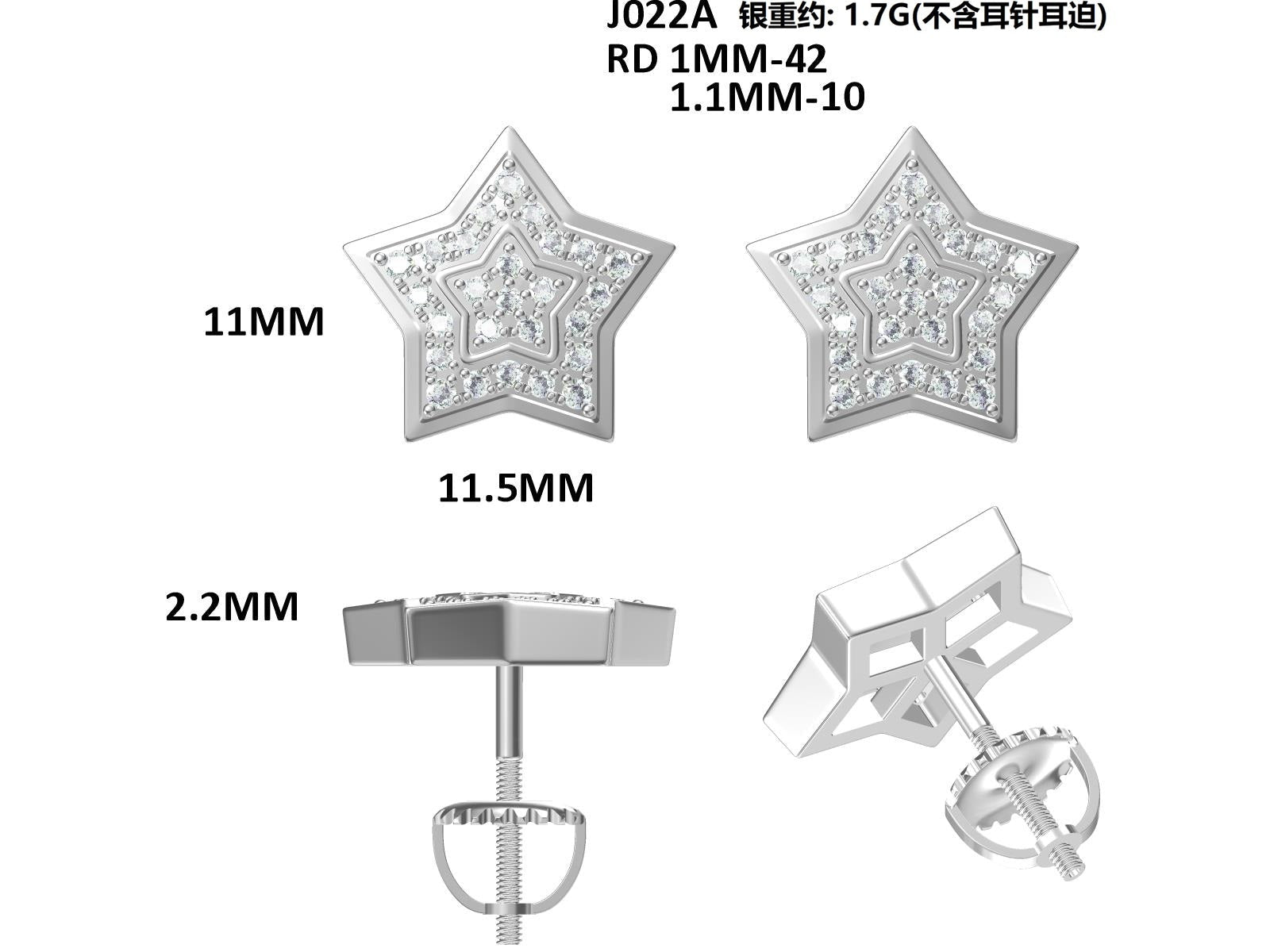Boucles d'oreilles étoiles en moissanite D Couleur VVS1, argent sterling S925, 52 pcs, 11mm, double pavé à vis, hypoallergénique, 1,7g, certifiées GRA, boîte cadeau - IVOIRART.COM