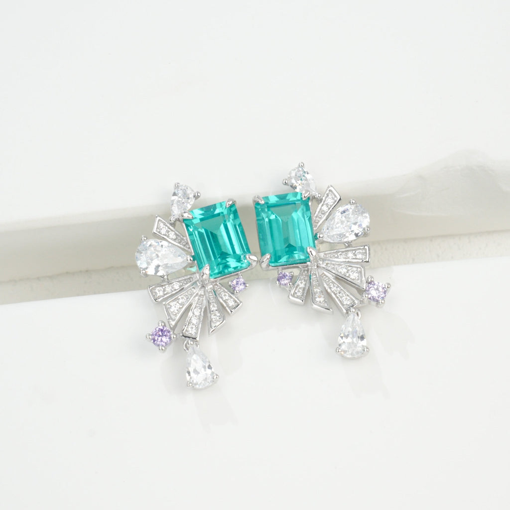 Boucles d'oreilles éventail Art Déco S925 argent plaqué platine Rubis Émeraude + - IVOIRART.COM
