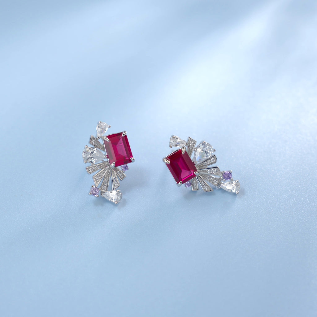 Boucles d'oreilles éventail Art Déco S925 argent plaqué platine Rubis Émeraude + - IVOIRART.COM