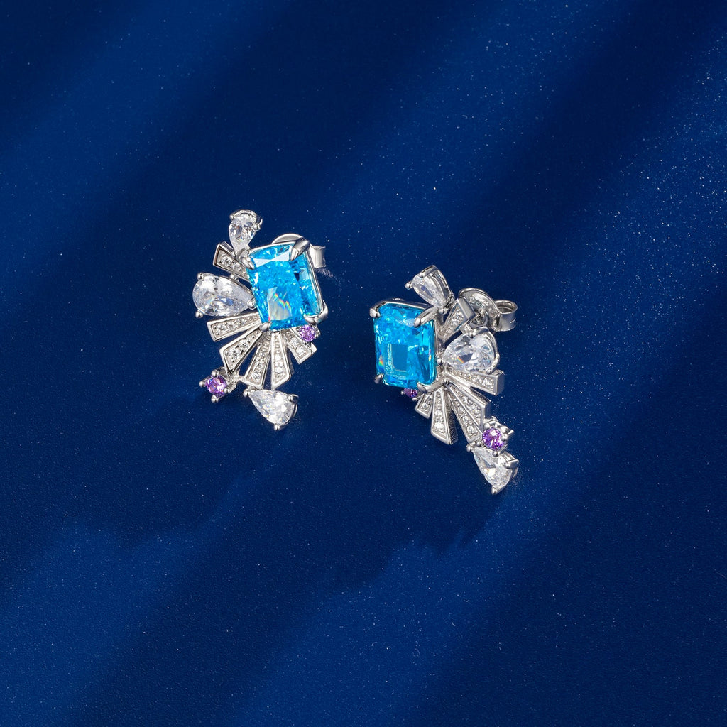 Boucles d'oreilles éventail Art Déco S925 argent plaqué platine Rubis Émeraude + - IVOIRART.COM
