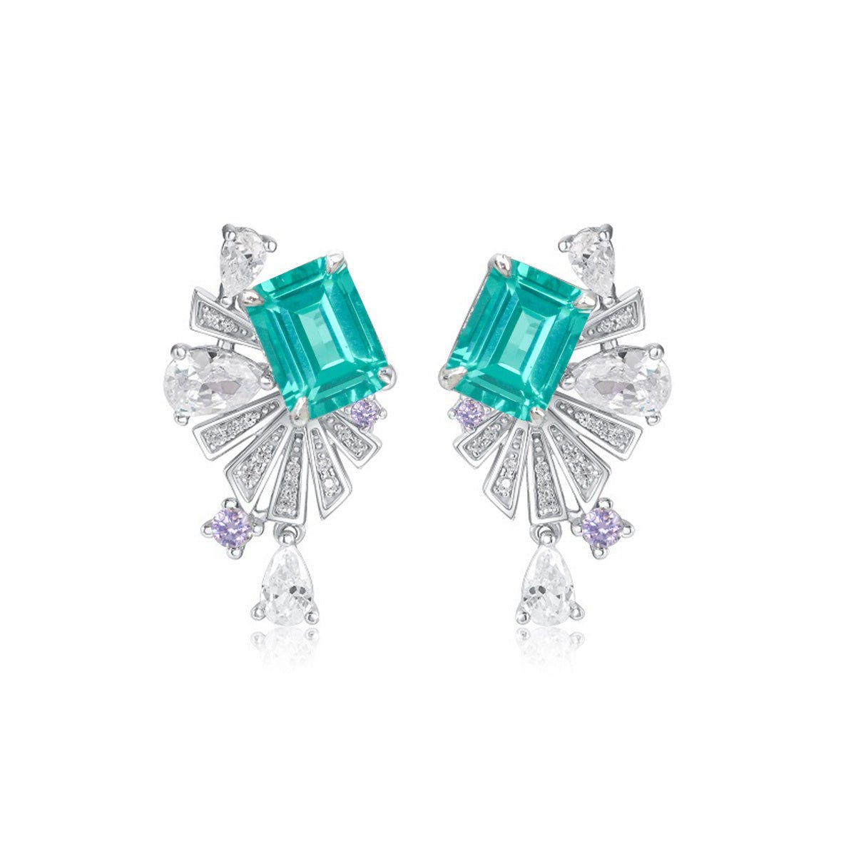 Boucles d'oreilles éventail Art Déco S925 argent plaqué platine Rubis Émeraude + - IVOIRART.COM