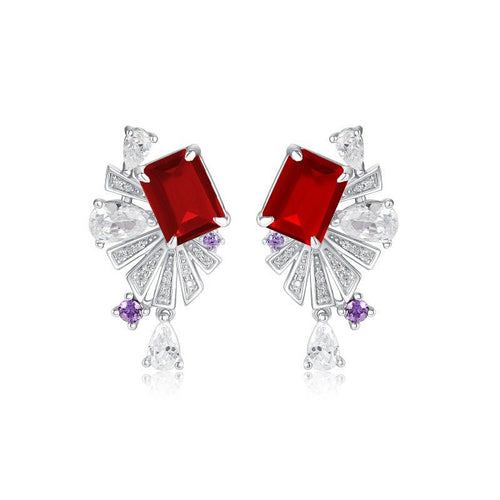 Boucles d'oreilles éventail Art Déco S925 argent plaqué platine Rubis Émeraude + - IVOIRART.COM