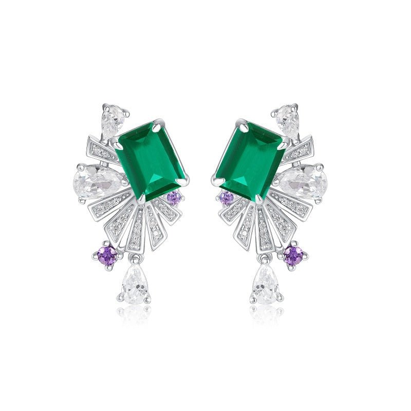 Boucles d'oreilles éventail Art Déco S925 argent plaqué platine Rubis Émeraude + - IVOIRART.COM