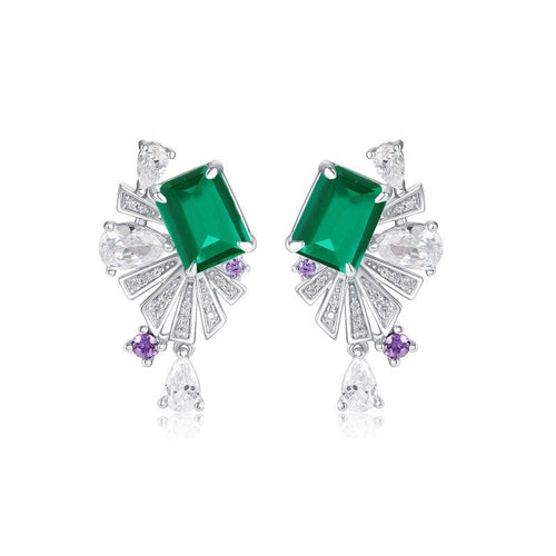 Boucles d'oreilles éventail Art Déco S925 argent plaqué platine Rubis Émeraude + - IVOIRART.COM