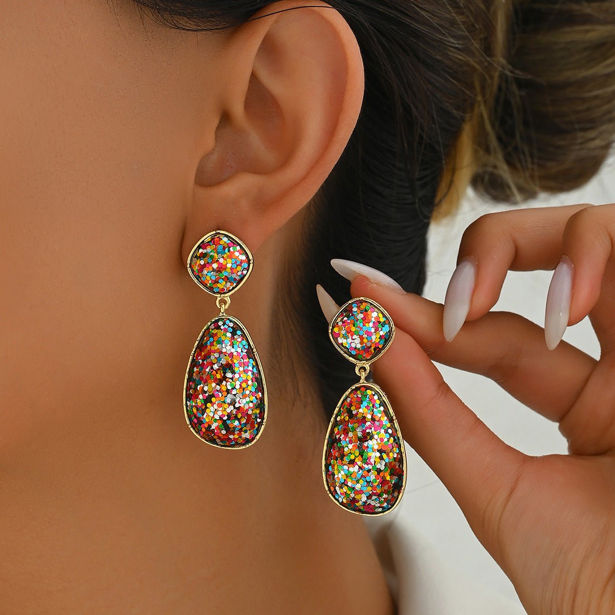 Boucles d'oreilles femme géométriques pierres synthétiques colorées polyvalentes - IVOIRART.COM