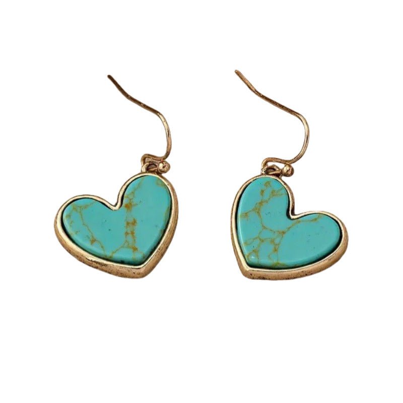 Boucles d’oreilles femme polyvalentes rétro en forme de cœur incrustées de turquoise - IVOIRART.COM
