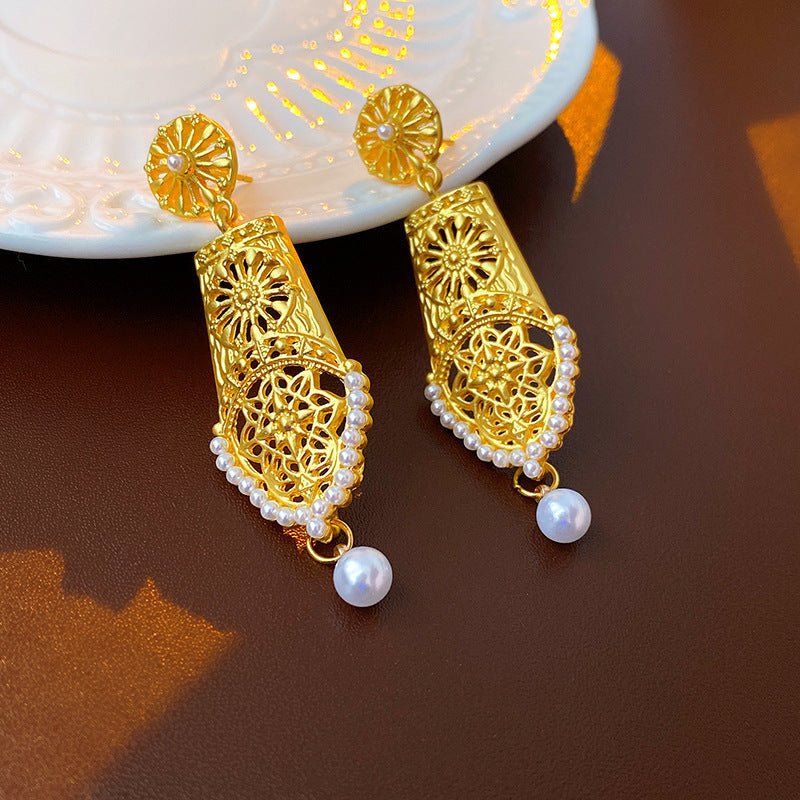 Boucles d'oreilles fleurs géométriques rétro - tige argent style vintage premium - IVOIRART.COM