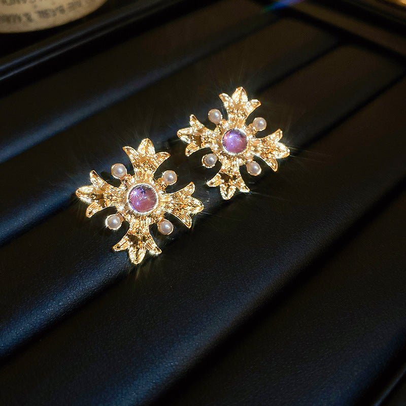 Boucles d'oreilles florales géométriques rétro premium, tige argent, vintage luxe - IVOIRART.COM
