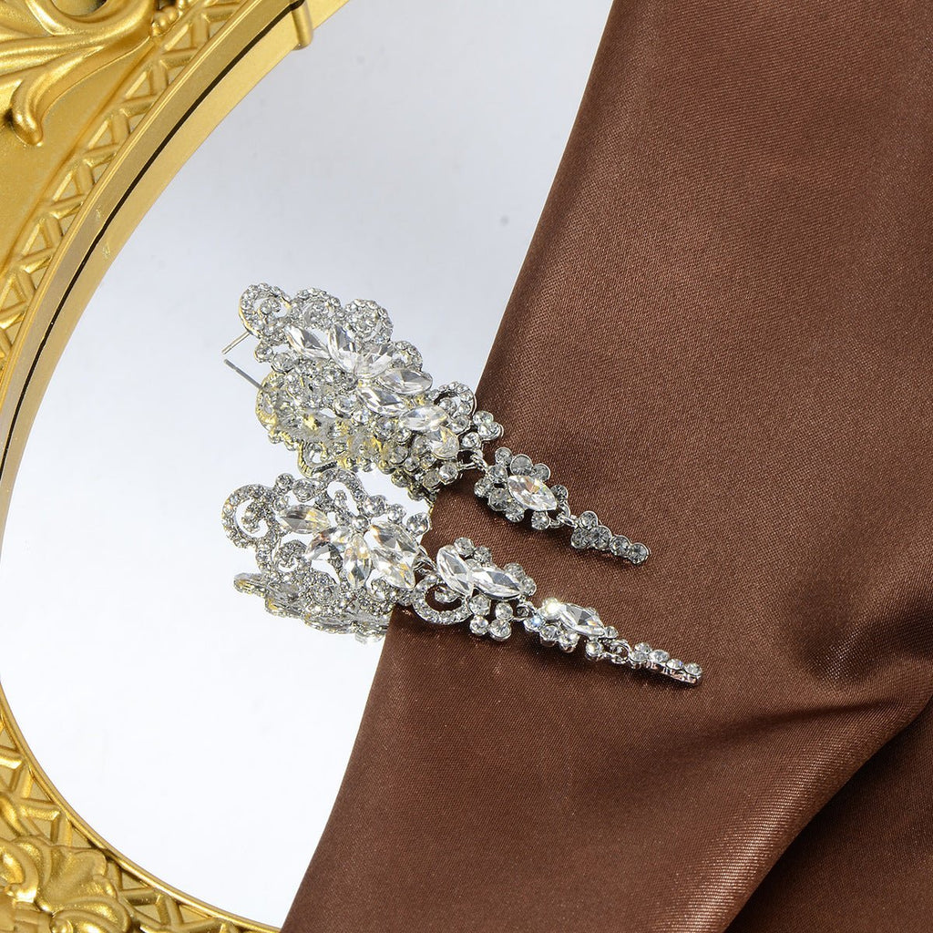 Boucles d'oreilles longues à pampilles rhinestone floral symétrique, européen - IVOIRART.COM