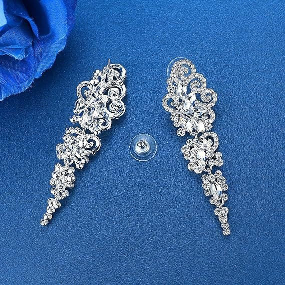 Boucles d'oreilles longues à pampilles rhinestone floral symétrique, européen - IVOIRART.COM