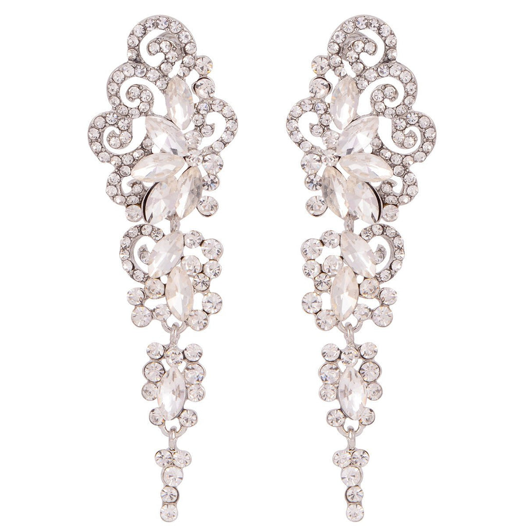 Boucles d'oreilles longues à pampilles rhinestone floral symétrique, européen - IVOIRART.COM