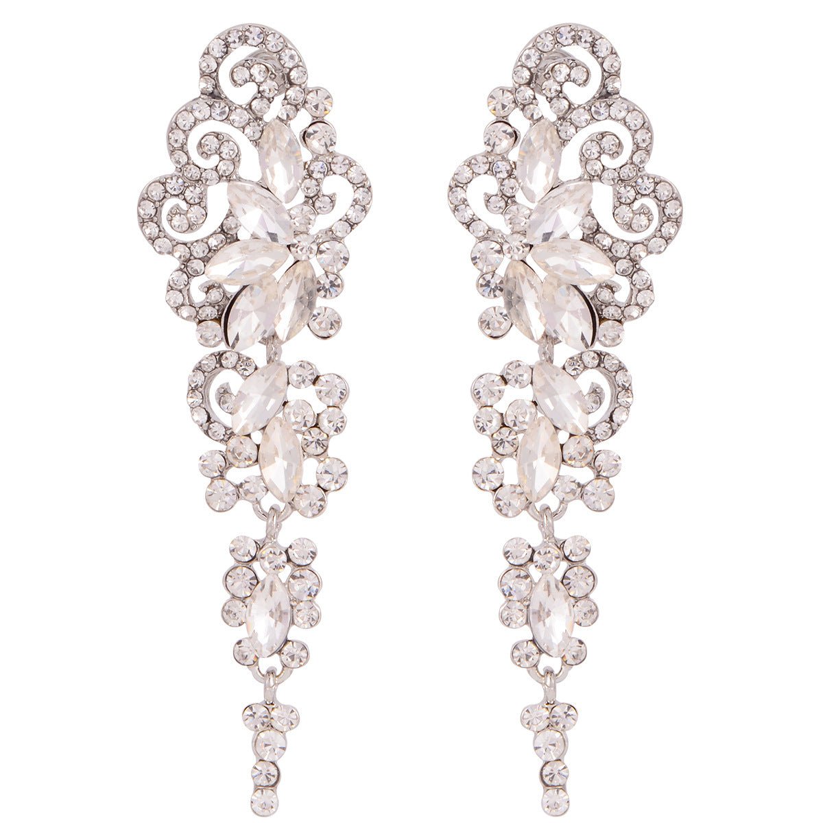 Boucles d'oreilles longues à pampilles rhinestone floral symétrique, européen - IVOIRART.COM