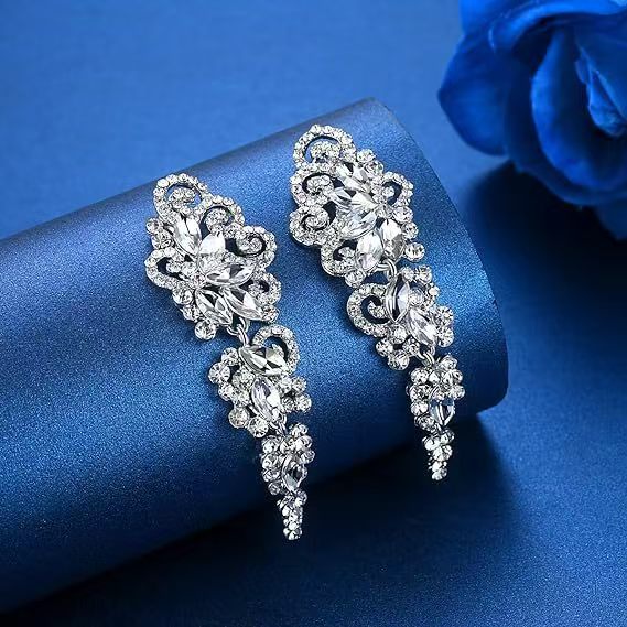 Boucles d'oreilles longues à pampilles rhinestone floral symétrique, européen - IVOIRART.COM