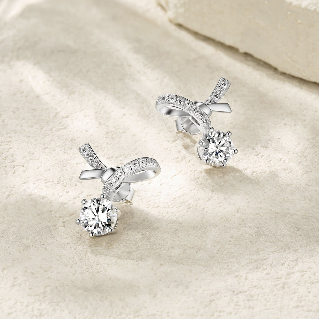 Boucles d'oreilles nœud ruban S925 argent 1ct Moissanite D-VVS1 pavé platine3.5g - IVOIRART.COM