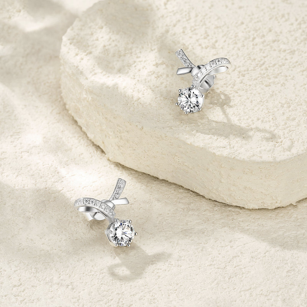 Boucles d'oreilles nœud ruban S925 argent 1ct Moissanite D-VVS1 pavé platine3.5g - IVOIRART.COM