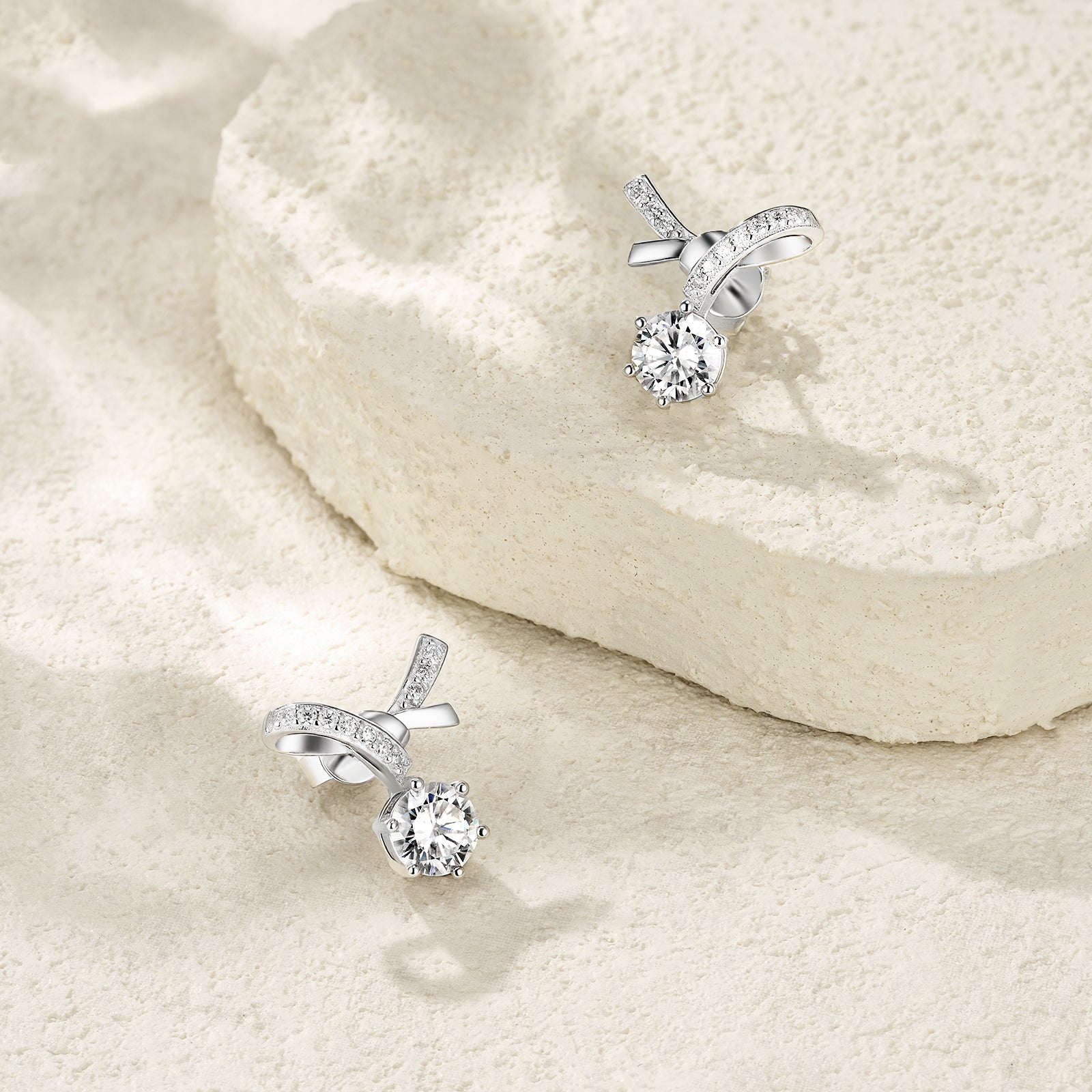 Boucles d'oreilles nœud ruban S925 argent 1ct Moissanite D-VVS1 pavé platine3.5g - IVOIRART.COM