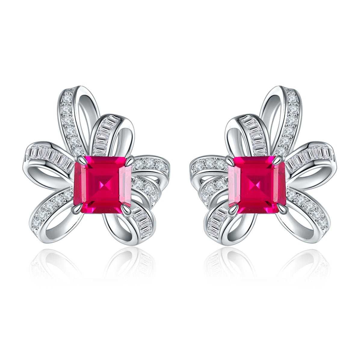 Boucles d'oreilles nœud S925 argent Rubis/Émeraude 6x6mm plaqué platine 3.2g co. - IVOIRART.COM