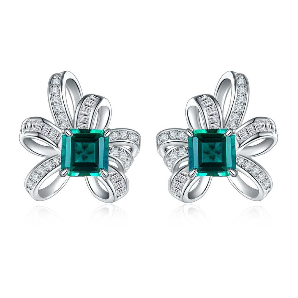 Boucles d'oreilles nœud S925 argent Rubis/Émeraude 6x6mm plaqué platine 3.2g co. - IVOIRART.COM