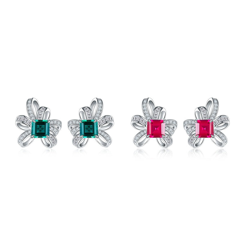 Boucles d'oreilles nœud S925 argent Rubis/Émeraude 6x6mm plaqué platine 3.2g co. - IVOIRART.COM