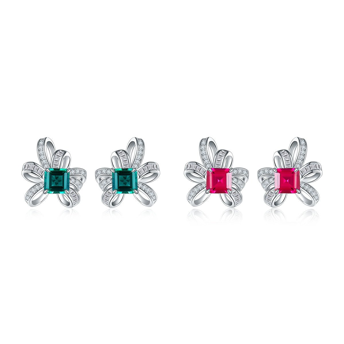 Boucles d'oreilles nœud S925 argent Rubis/Émeraude 6x6mm plaqué platine 3.2g co. - IVOIRART.COM
