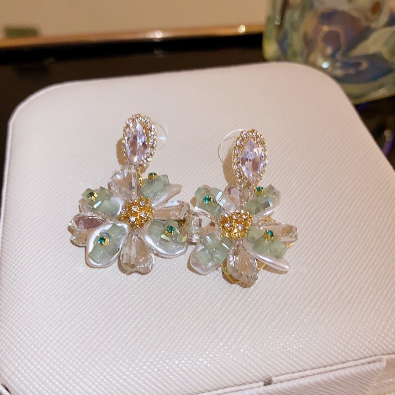 Boucles d'oreilles ovales florales argentées strassées - Style français été luxe! - IVOIRART.COM