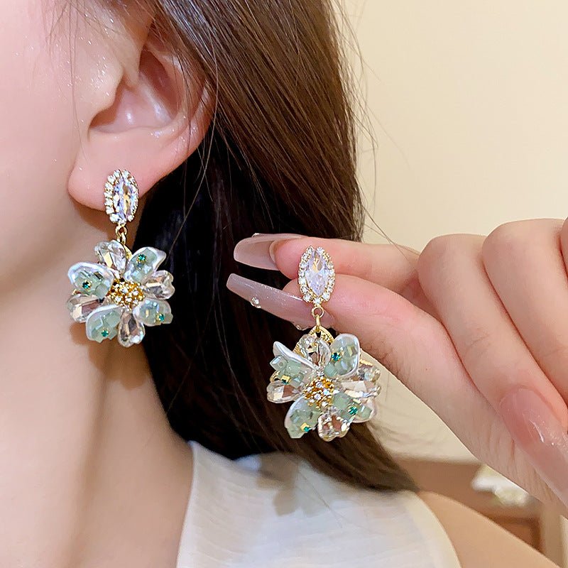 Boucles d'oreilles ovales florales argentées strassées - Style français été luxe! - IVOIRART.COM