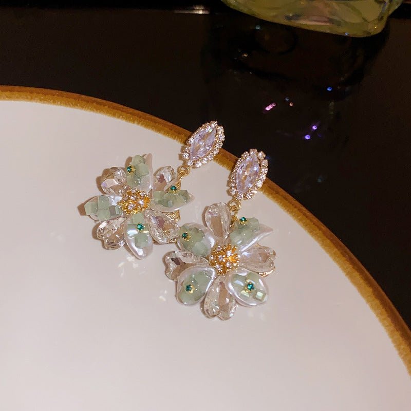 Boucles d'oreilles ovales florales argentées strassées - Style français été luxe! - IVOIRART.COM