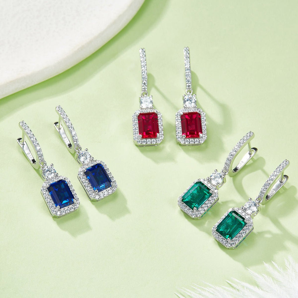 Boucles doreilles pendant S925 argent labgrown émeraude 6x8mm 6ct plaqué platine - IVOIRART.COM