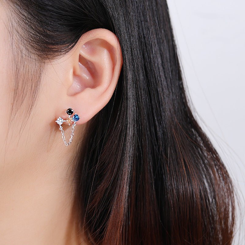 Boucles d'oreilles pendantes asymétriques en argent S925 avec zircon multicolore et pompon, bijoux polyvalents uniques pour femmes - IVOIRART.COM