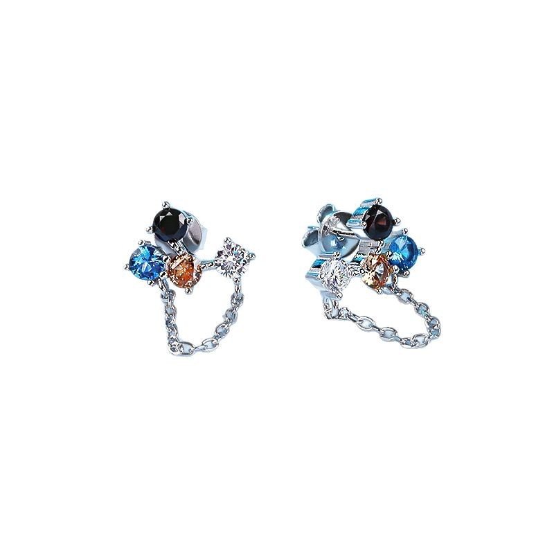 Boucles d'oreilles pendantes asymétriques en argent S925 avec zircon multicolore et pompon, bijoux polyvalents uniques pour femmes - IVOIRART.COM