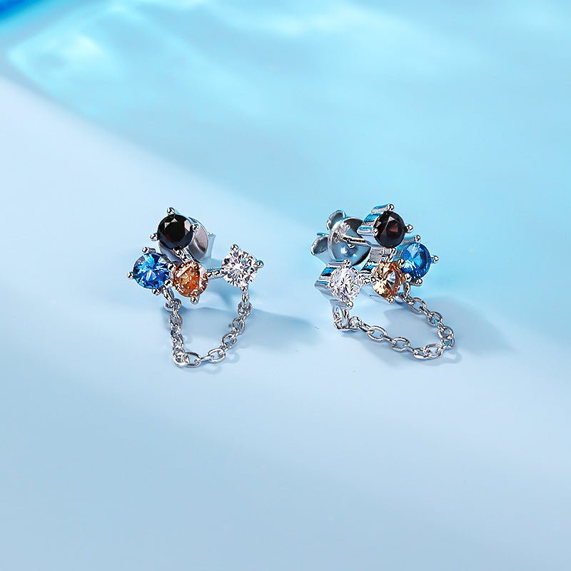 Boucles d'oreilles pendantes asymétriques en argent S925 avec zircon multicolore et pompon, bijoux polyvalents uniques pour femmes - IVOIRART.COM