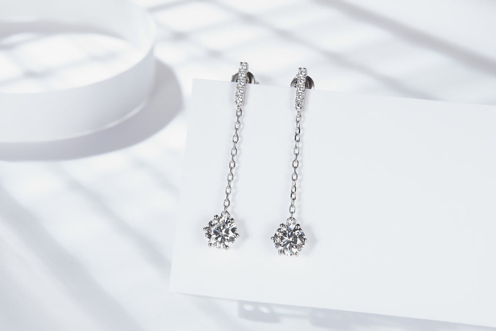 Boucles d'Oreilles Pendantes Chaîne en Argent Sterling S925 Moissanite 0,5 ou 1CT Plaquées Platine, Élégant Coffret Cadeau Certifié GRA - IVOIRART.COM
