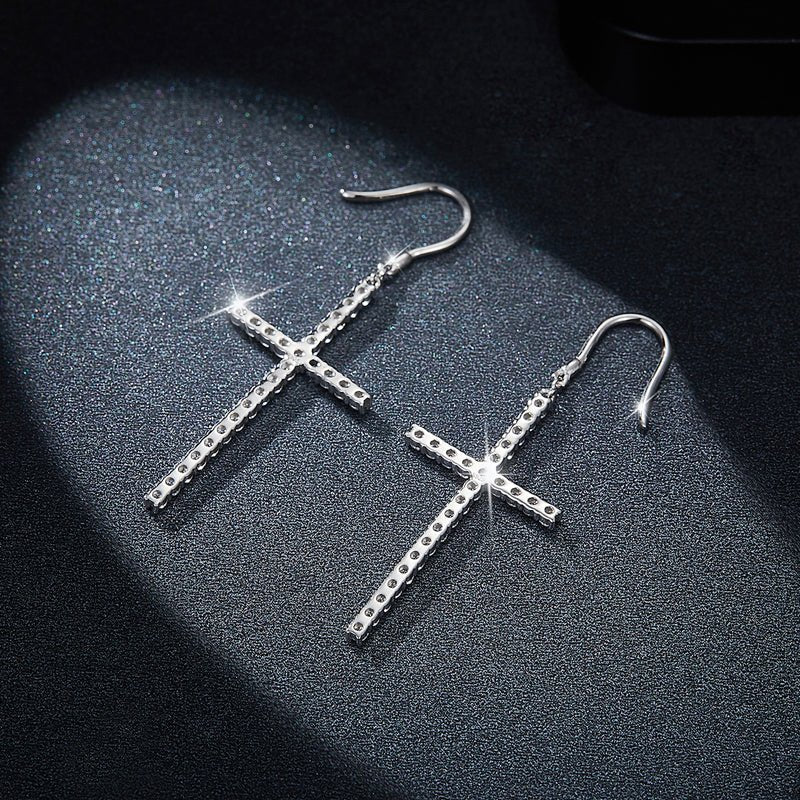 Boucles d'Oreilles Pendantes Croix en Moissanite Argent Sterling S925 avec Crochet Pavé Certificat GRA Plaqué Platine Coffret Cadeau - IVOIRART.COM