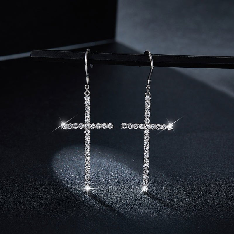 Boucles d'Oreilles Pendantes Croix en Moissanite Argent Sterling S925 avec Crochet Pavé Certificat GRA Plaqué Platine Coffret Cadeau - IVOIRART.COM