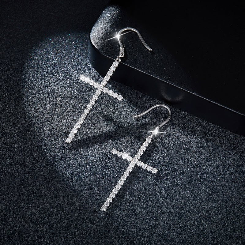 Boucles d'Oreilles Pendantes Croix en Moissanite Argent Sterling S925 avec Crochet Pavé Certificat GRA Plaqué Platine Coffret Cadeau - IVOIRART.COM
