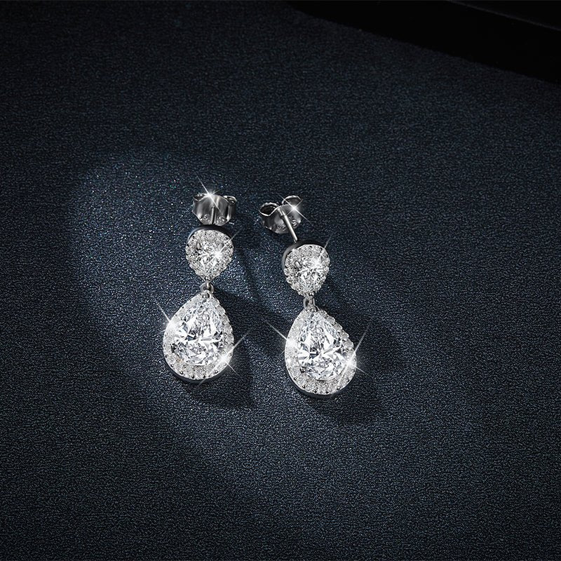 Boucles d'oreilles pendantes en argent 925 plaqué platine, moissanite poire 6x9mm - IVOIRART.COM