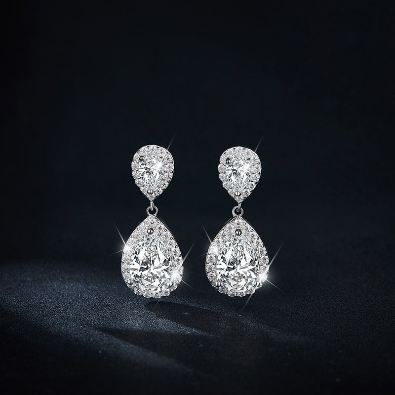 Boucles d'oreilles pendantes en argent 925 plaqué platine, moissanite poire 6x9mm - IVOIRART.COM