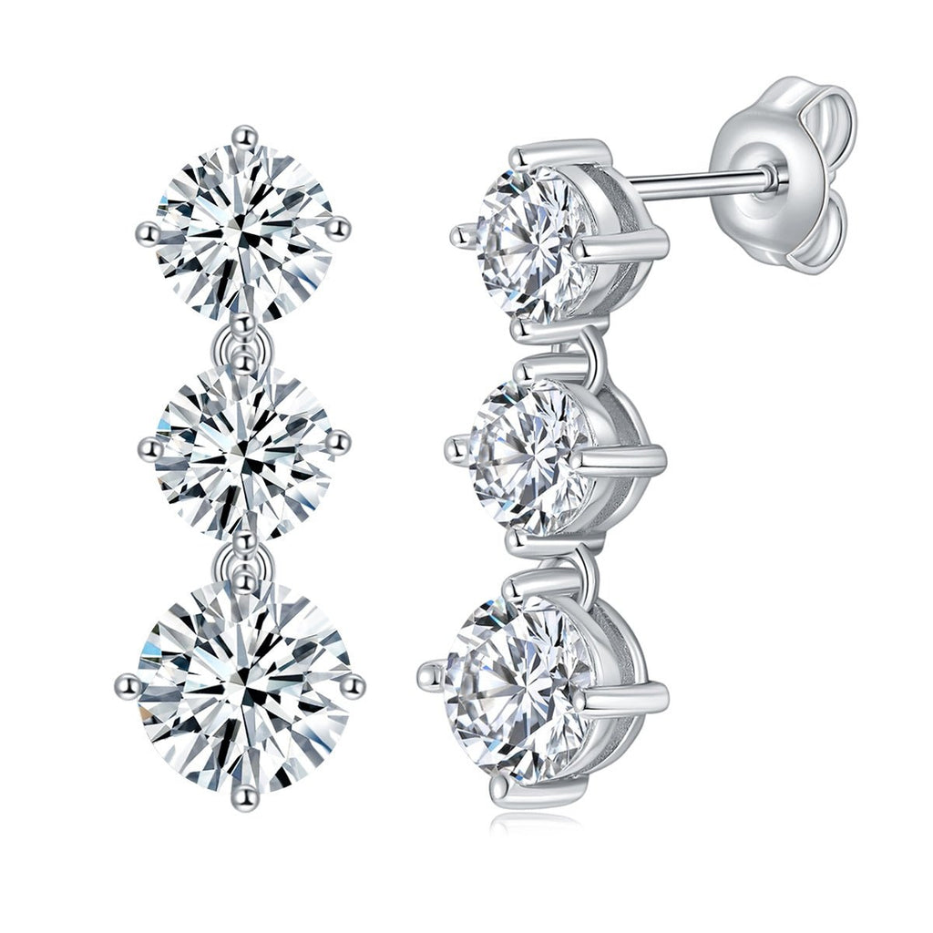 Boucles d'oreilles pendantes en argent S925 Moissanite 3 pierres rondes - IVOIRART.COM