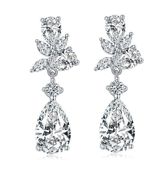 Boucles d’oreilles pendantes en argent sterling S925 avec moissanite taille poire 7x11 mm, motif floral élégant, plaqué platine, coffret cadeau - IVOIRART.COM